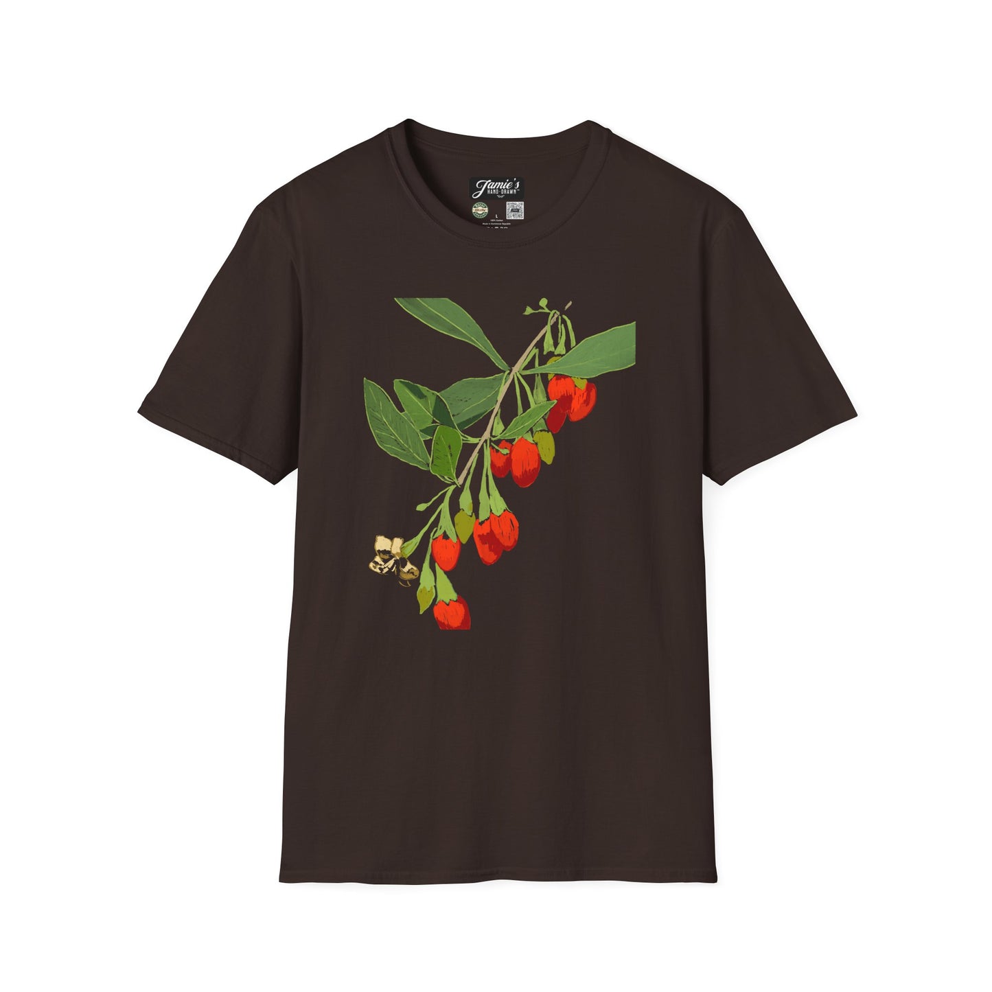 "Goji" Jamie's Hand-Drawn Floral Graphic T-Shirt - Unisex Soft-style Tee, Nature Lover Gift, Spring Fashion, Botanical Art Tee, Eco-Friendly Apparel