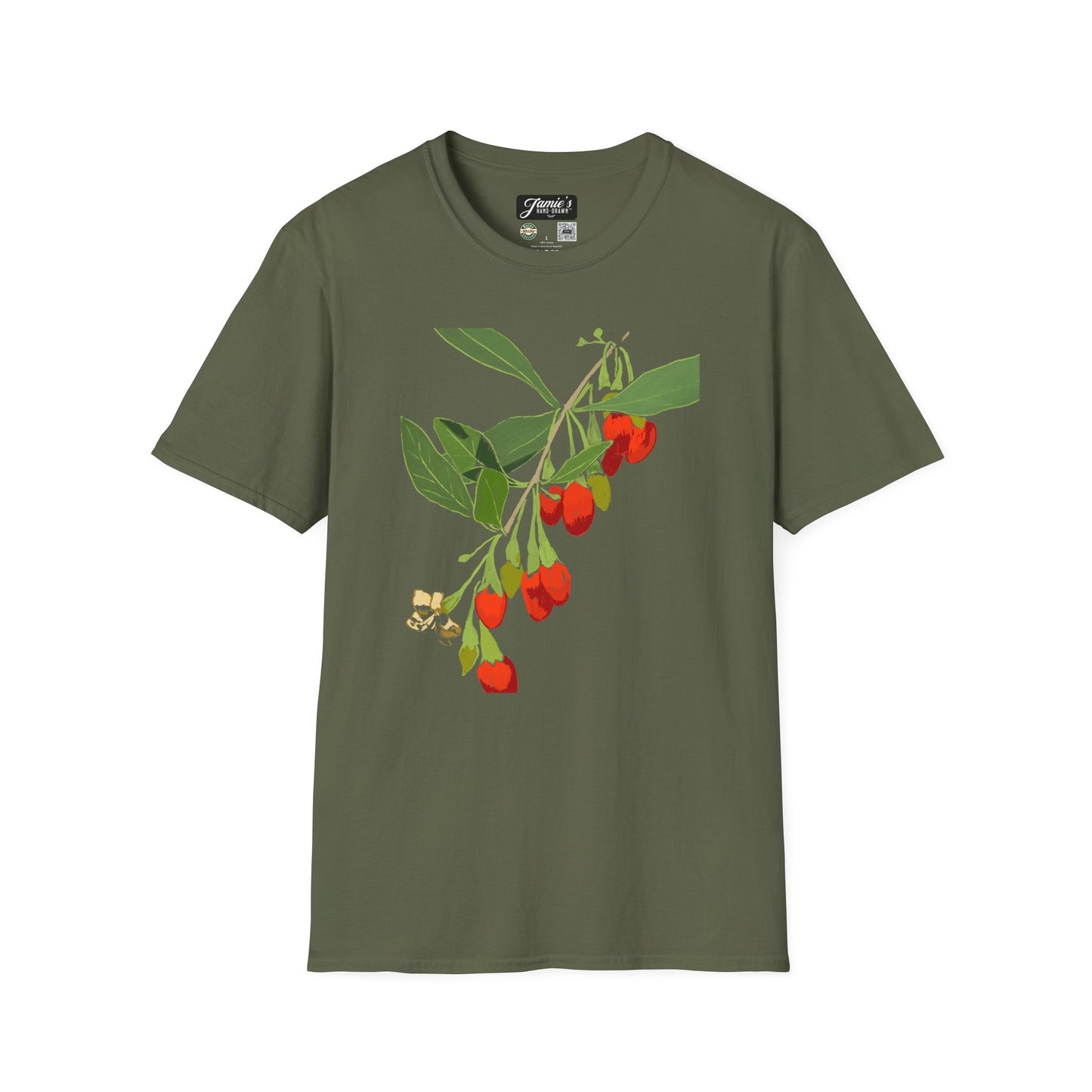 "Goji" Jamie's Hand-Drawn Floral Graphic T-Shirt - Unisex Soft-style Tee, Nature Lover Gift, Spring Fashion, Botanical Art Tee, Eco-Friendly Apparel