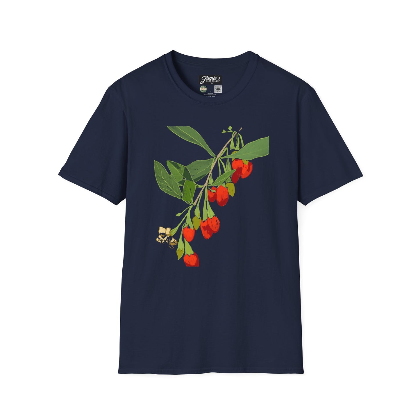 "Goji" Jamie's Hand-Drawn Floral Graphic T-Shirt - Unisex Soft-style Tee, Nature Lover Gift, Spring Fashion, Botanical Art Tee, Eco-Friendly Apparel