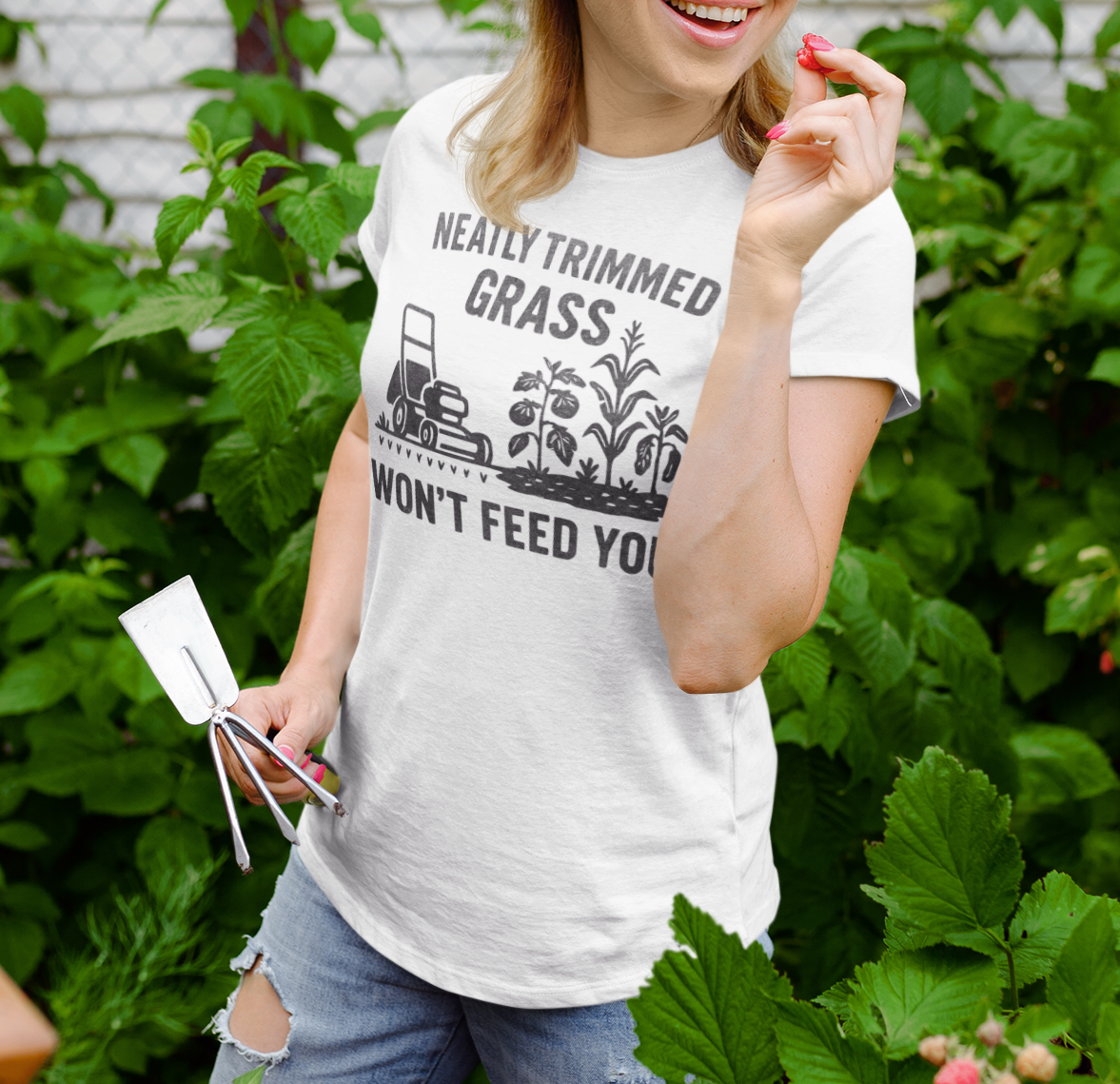 "Neatly Trimmed Grass Won't Feed You" Funny Garden T-Shirt, Unisex Softstyle Tee for Gardeners, Casual Wear, Gift for Plant Lovers, Earth Day, Homesteader Life