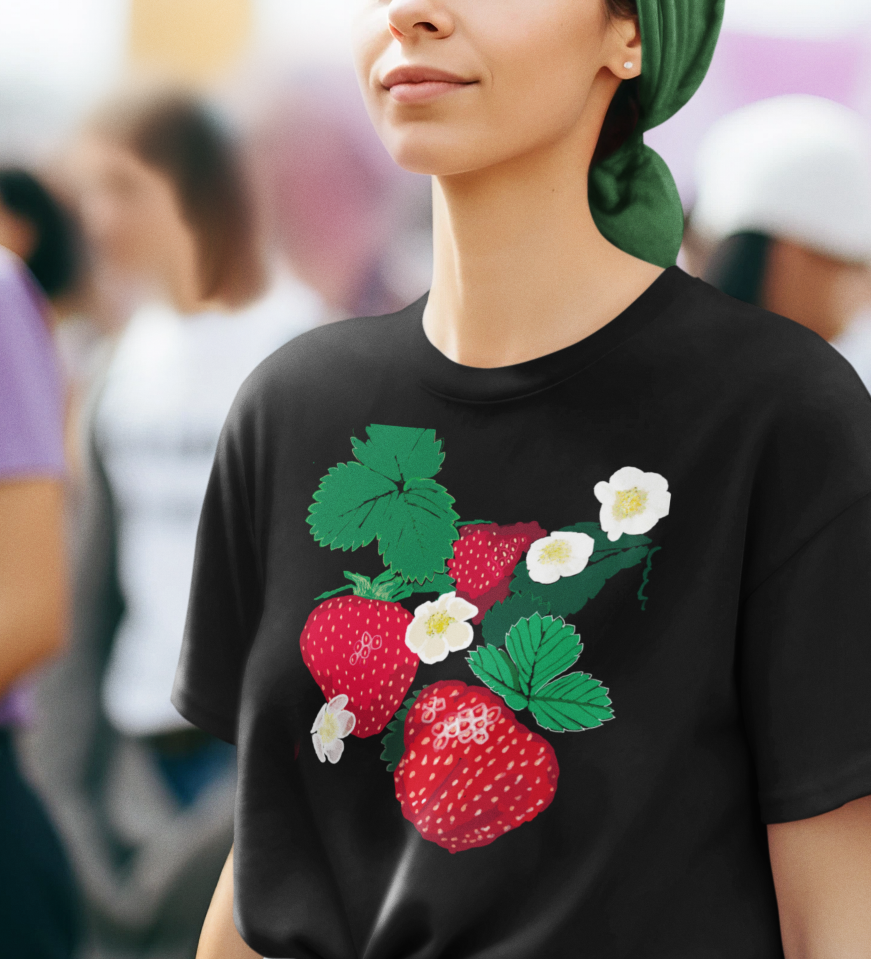 "Strawberry" Jamie's Hand-Drawn Fruity Vibes T-Shirt, Strawberry Design, Unisex Summer Tee, Cute Casual Shirt, Nature Lover Gift, Eco-Friendly Fashion