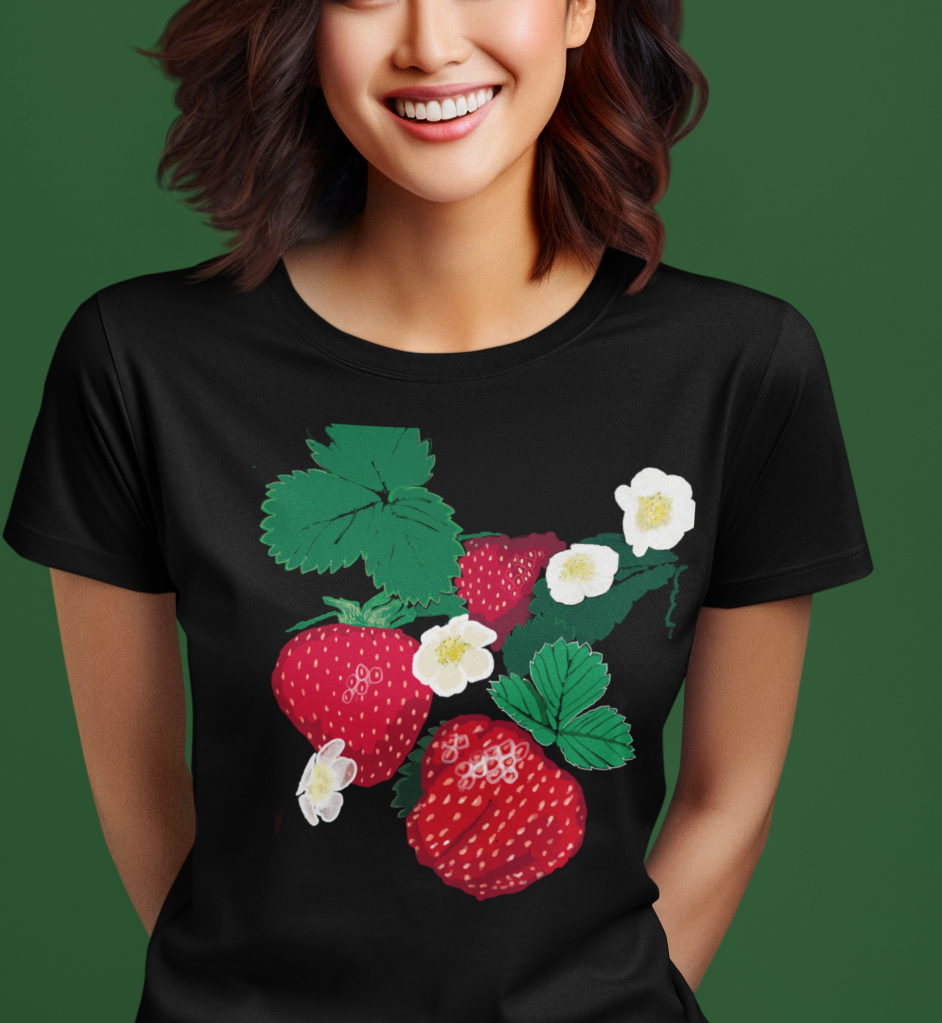 "Strawberry" Jamie's Hand-Drawn Fruity Vibes T-Shirt, Strawberry Design, Unisex Summer Tee, Cute Casual Shirt, Nature Lover Gift, Eco-Friendly Fashion