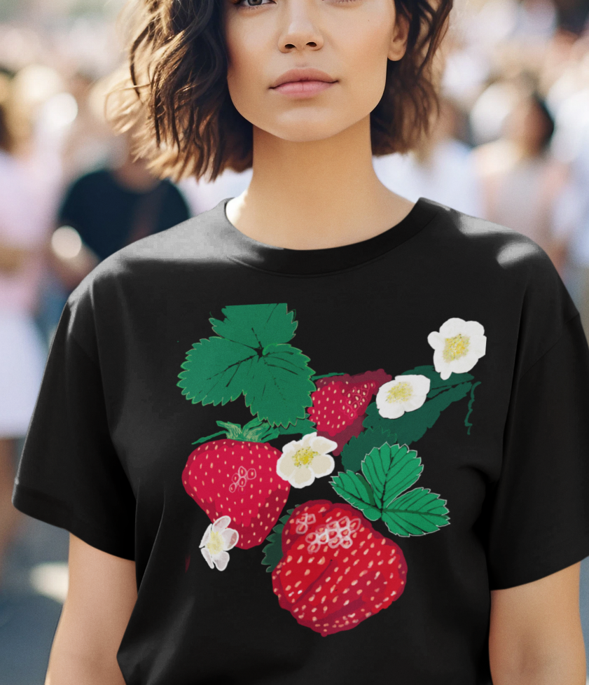 "Strawberry" Jamie's Hand-Drawn Fruity Vibes T-Shirt, Strawberry Design, Unisex Summer Tee, Cute Casual Shirt, Nature Lover Gift, Eco-Friendly Fashion