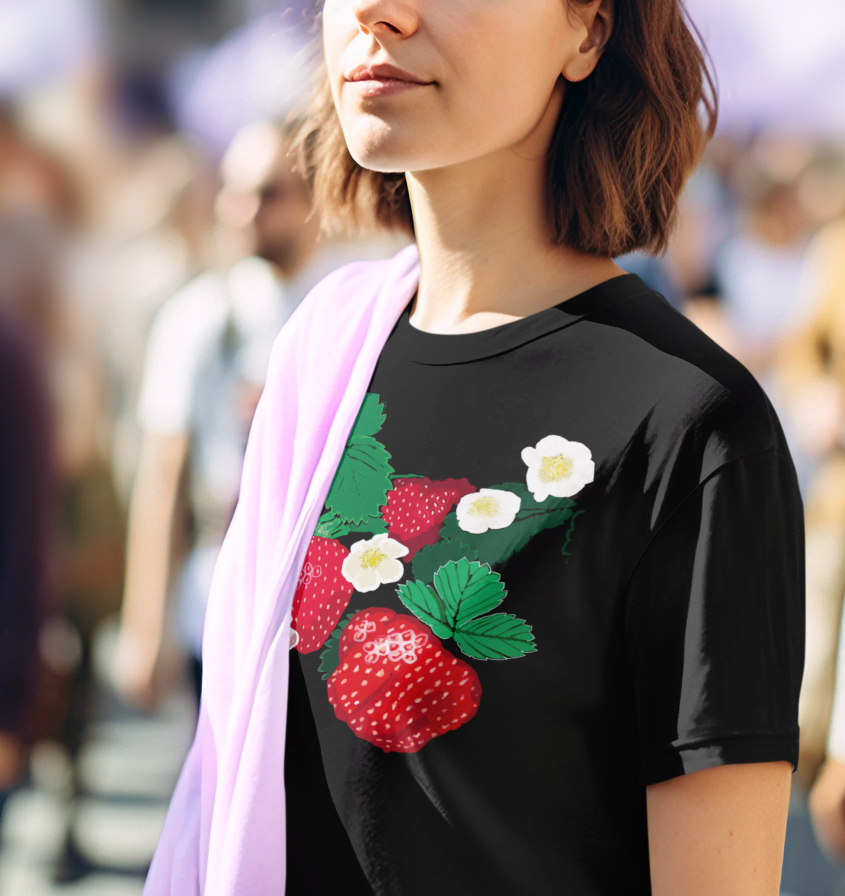"Strawberry" Jamie's Hand-Drawn Fruity Vibes T-Shirt, Strawberry Design, Unisex Summer Tee, Cute Casual Shirt, Nature Lover Gift, Eco-Friendly Fashion