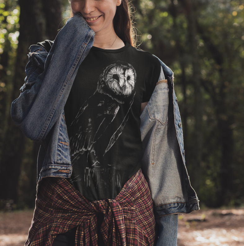 "Barn Owl" Jamie's Hand-Drawn Owl Collection Owl Graphic T-Shirt, Nature Lovers Tee, Unisex Softstyle Shirt, Gift for Birdwatchers, Eco-Friendly Apparel