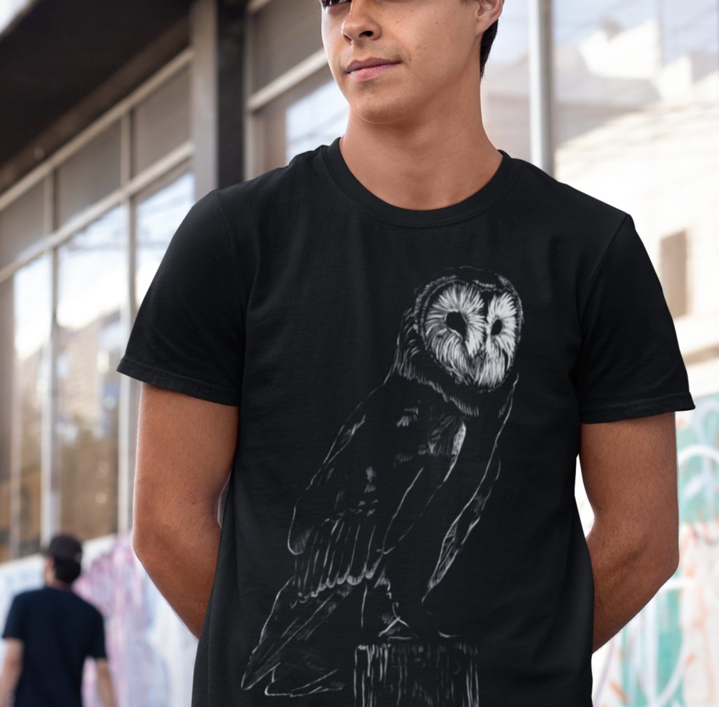 "Barn Owl" Jamie's Hand-Drawn Owl Collection Owl Graphic T-Shirt, Nature Lovers Tee, Unisex Softstyle Shirt, Gift for Birdwatchers, Eco-Friendly Apparel