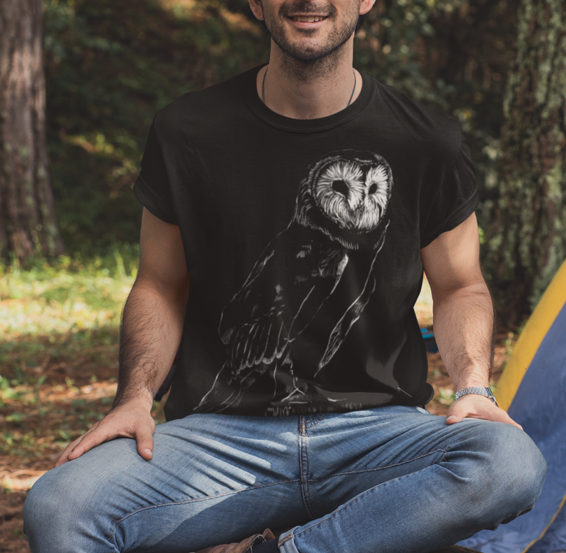 "Barn Owl" Jamie's Hand-Drawn Owl Collection Owl Graphic T-Shirt, Nature Lovers Tee, Unisex Softstyle Shirt, Gift for Birdwatchers, Eco-Friendly Apparel