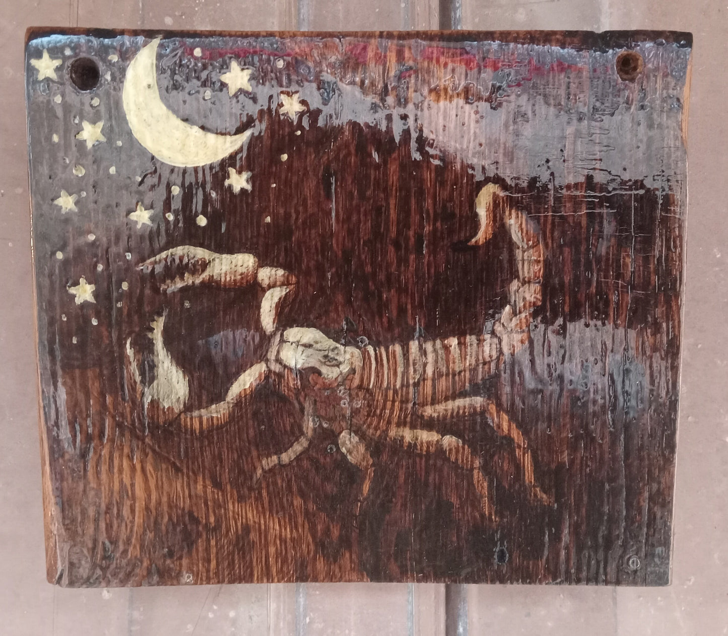 "Scorpion Moon" Hand Burned & Painted Barn Board 8" x 7"