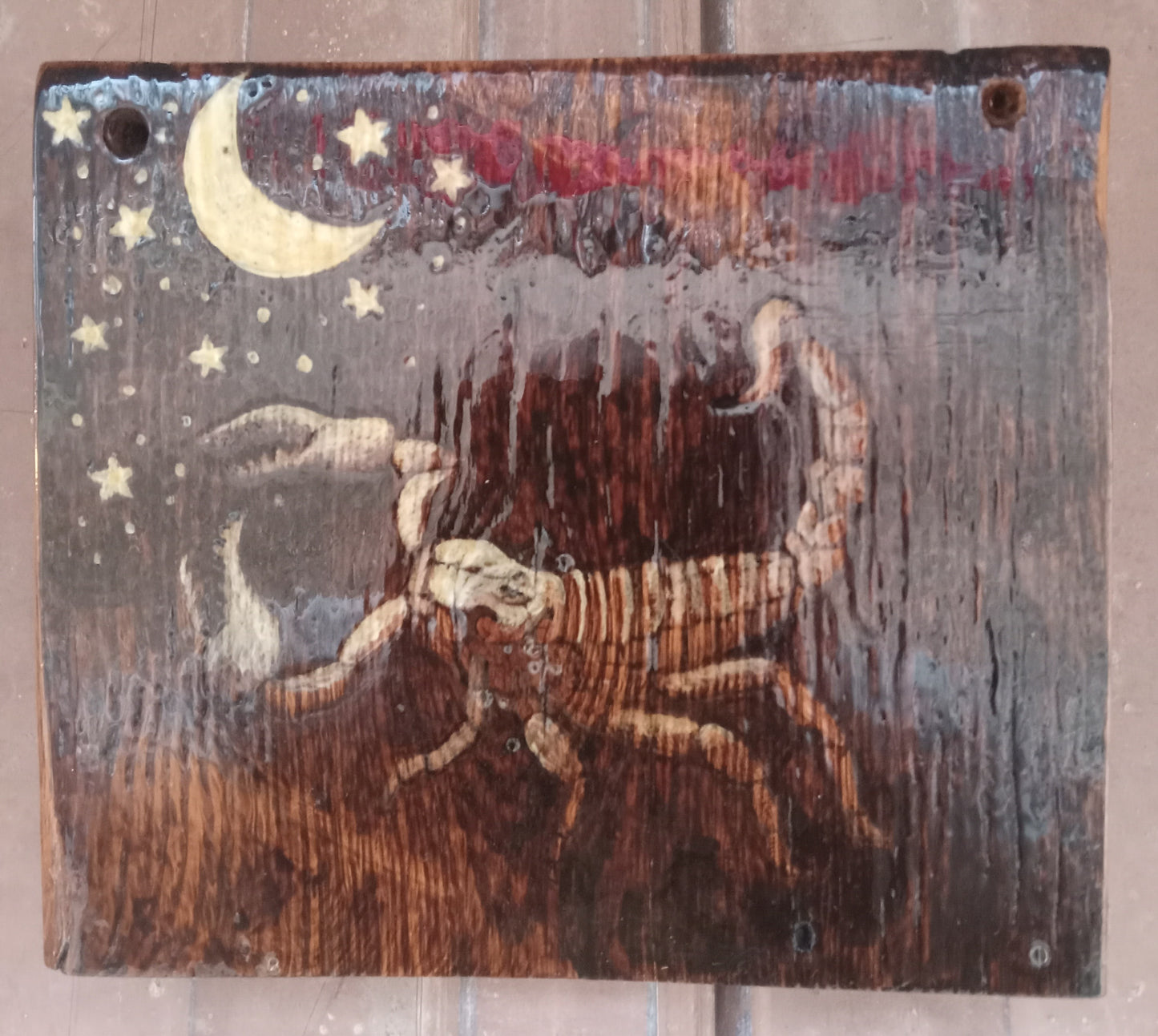 "Scorpion Moon" Hand Burned & Painted Barn Board 8" x 7"