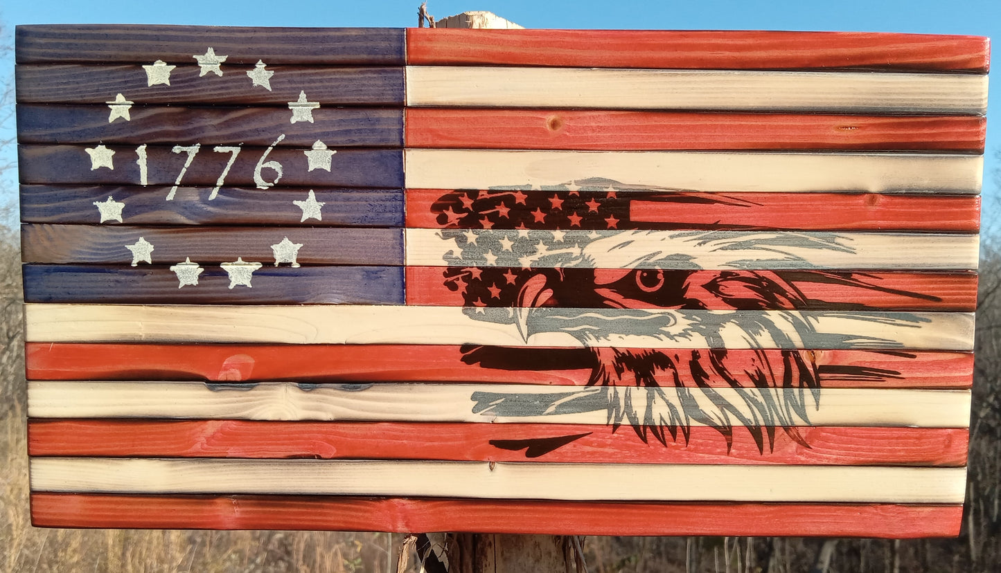 "Eagle Bust on Flag" Burn - Wooden American Flag 15" x 8"