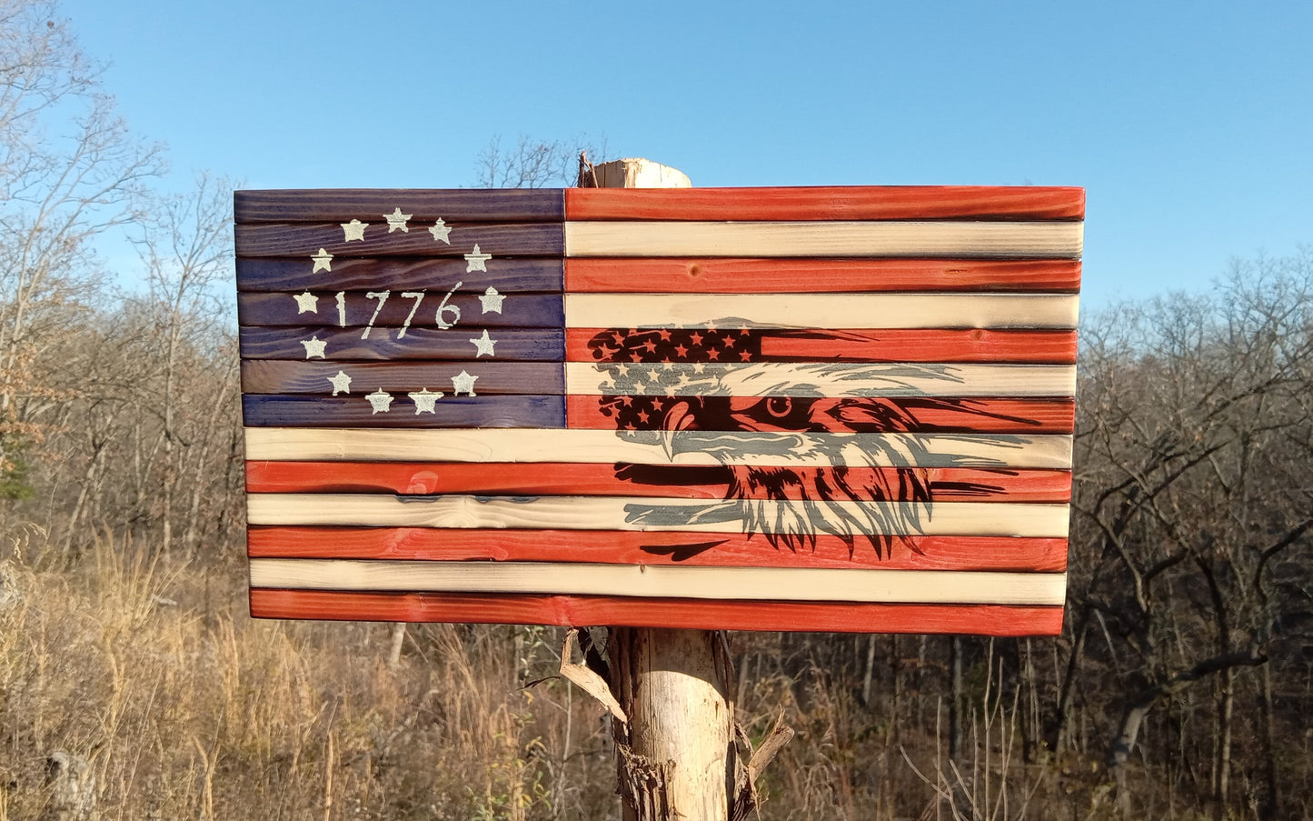 "Eagle Bust on Flag" Burn - Wooden American Flag 15" x 8"