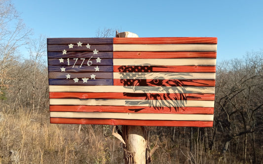 "Eagle Bust on Flag" Burn - Wooden American Flag 15" x 8"