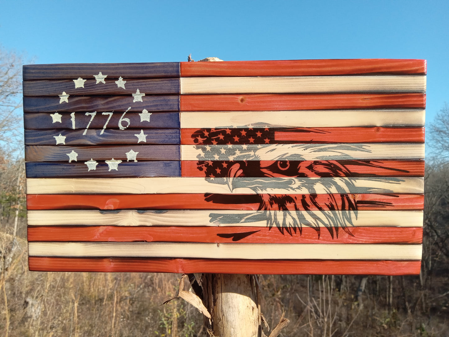 "Eagle Bust on Flag" Burn - Wooden American Flag 15" x 8"