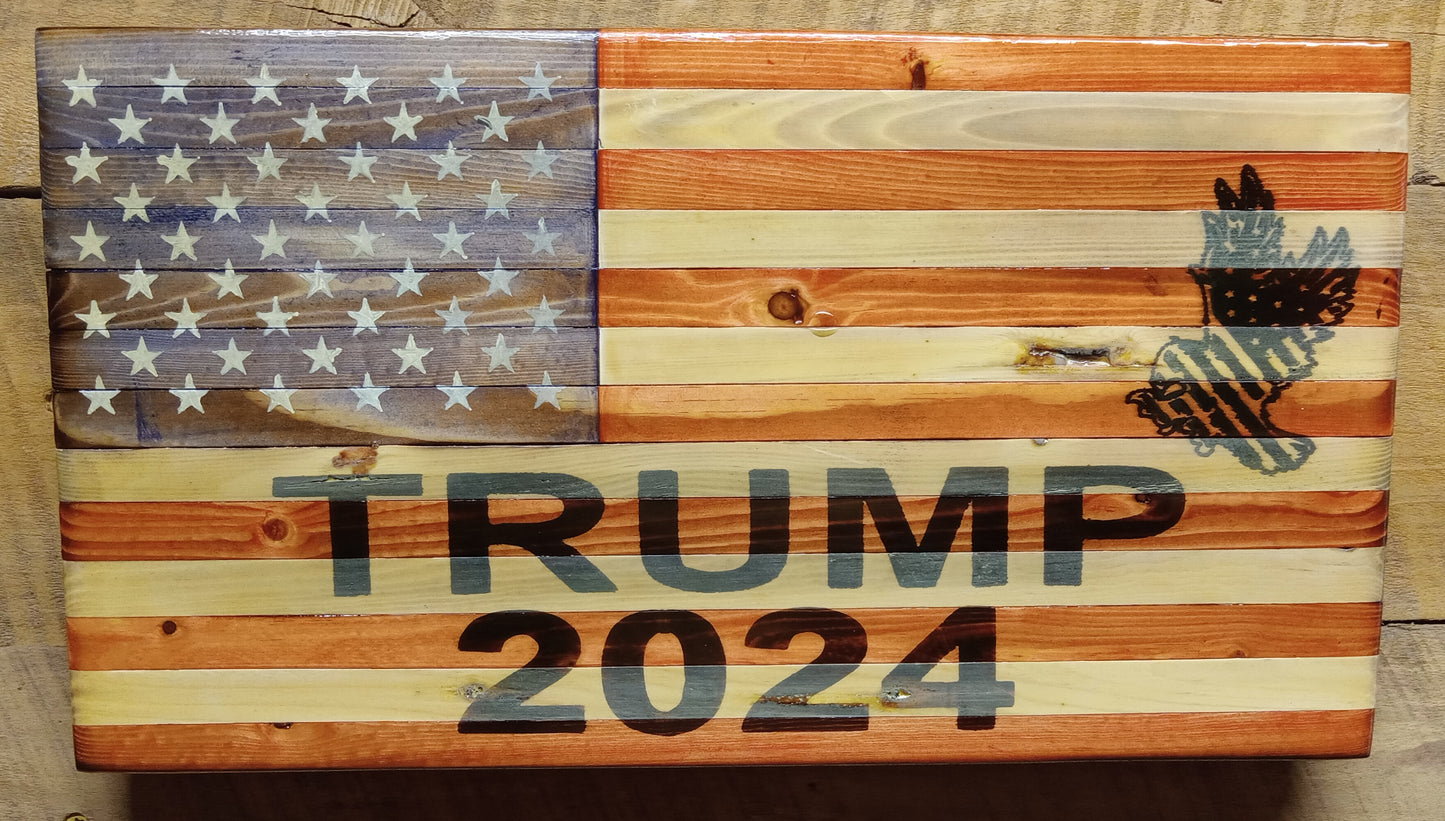 "Trump 2024 and Eagle" Burn - Wooden American Flag 15" x 8"