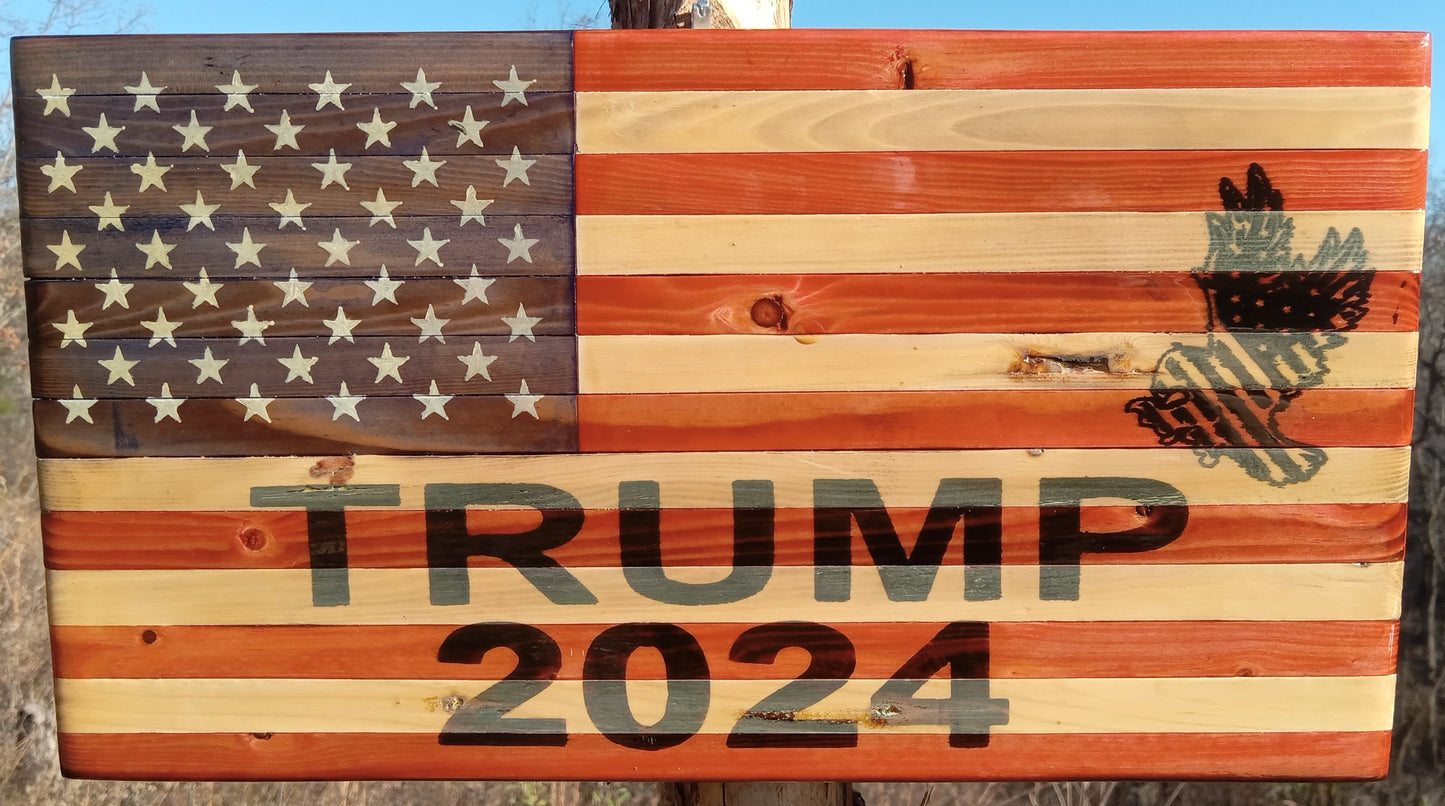 "Trump 2024 and Eagle" Burn - Wooden American Flag 15" x 8"