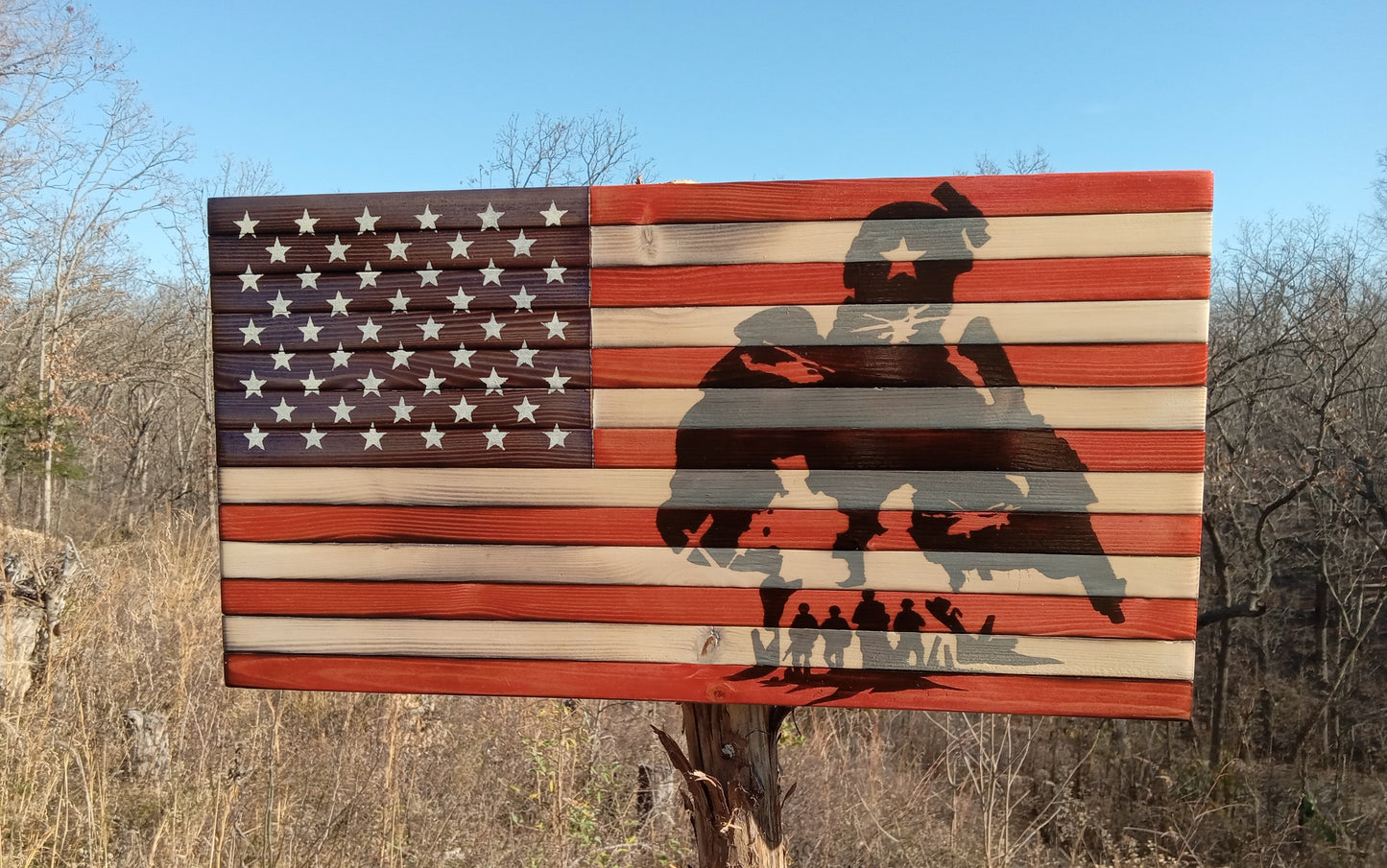 "Soldiers" Burn - Wooden American Flag 21" x 11"