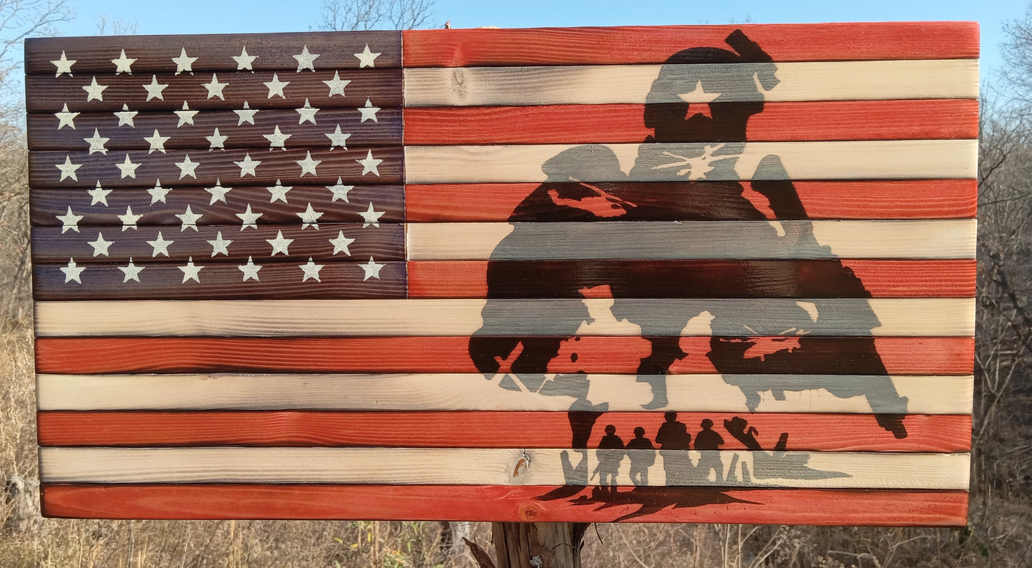 "Soldiers" Burn - Wooden American Flag 21" x 11"