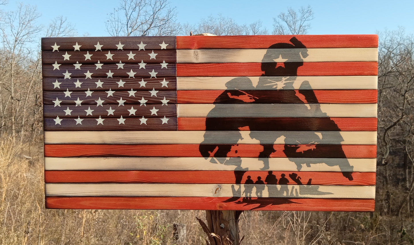 "Soldiers" Burn - Wooden American Flag 21" x 11"