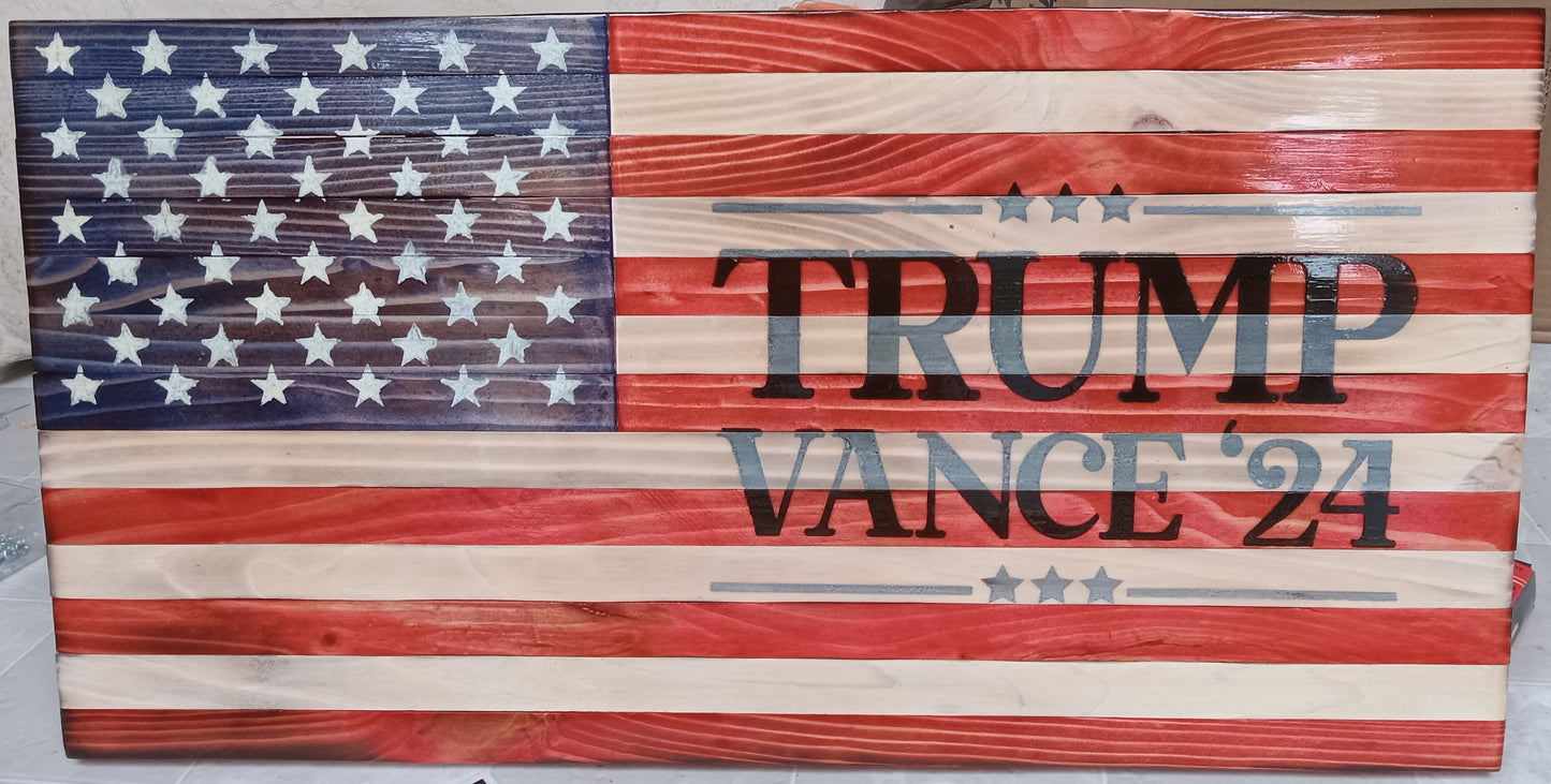 "Trump Vance '24" Burn - Wooden American Flag 21" x 11"