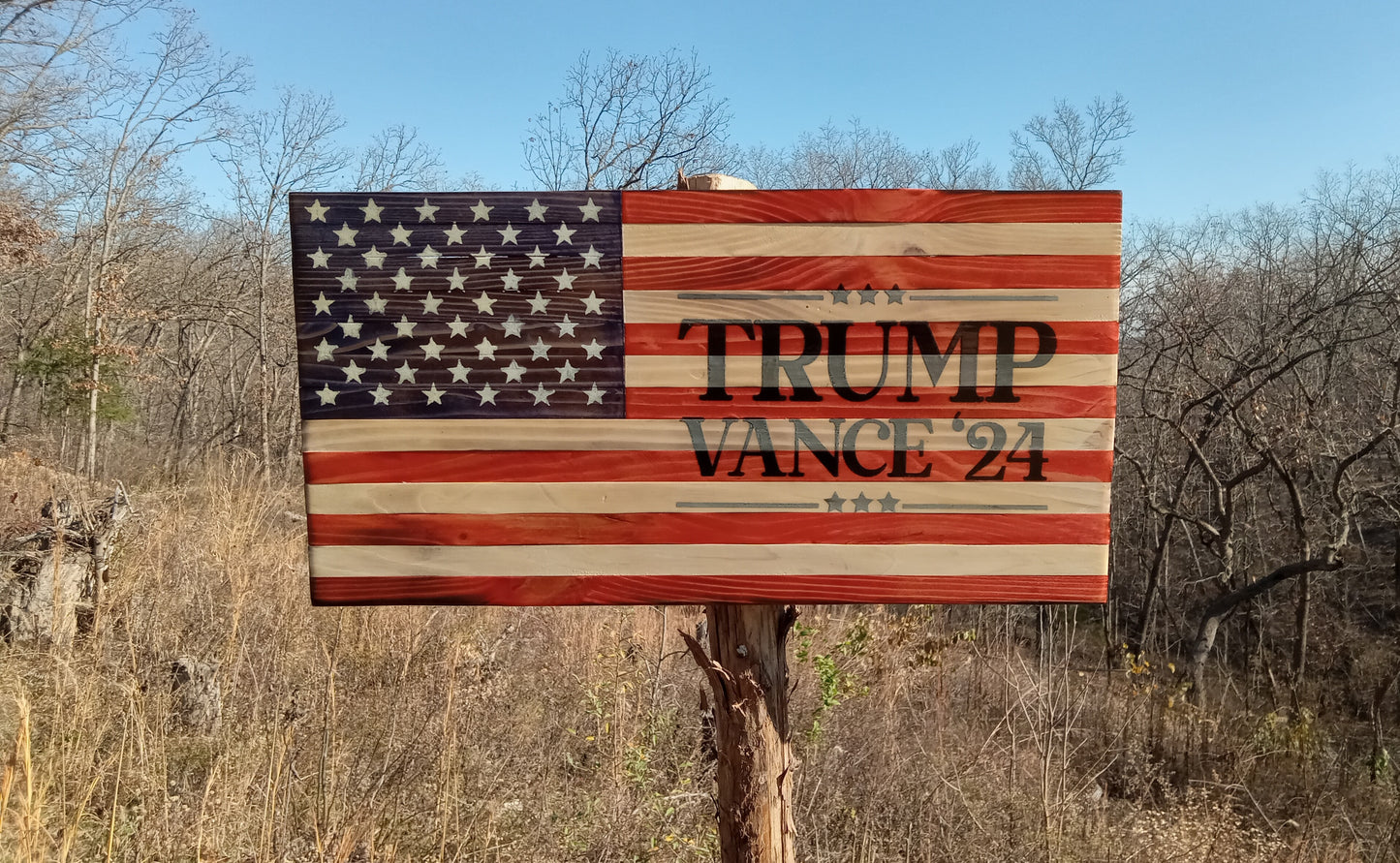 "Trump Vance '24" Burn - Wooden American Flag 21" x 11"