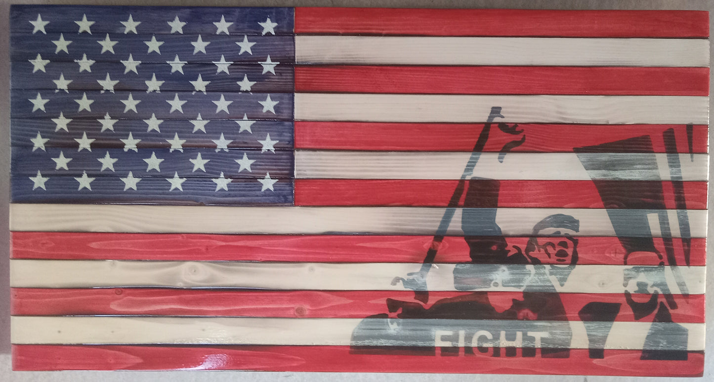 "Trump Fight" Burn - Wooden American Flag 21" x 11"