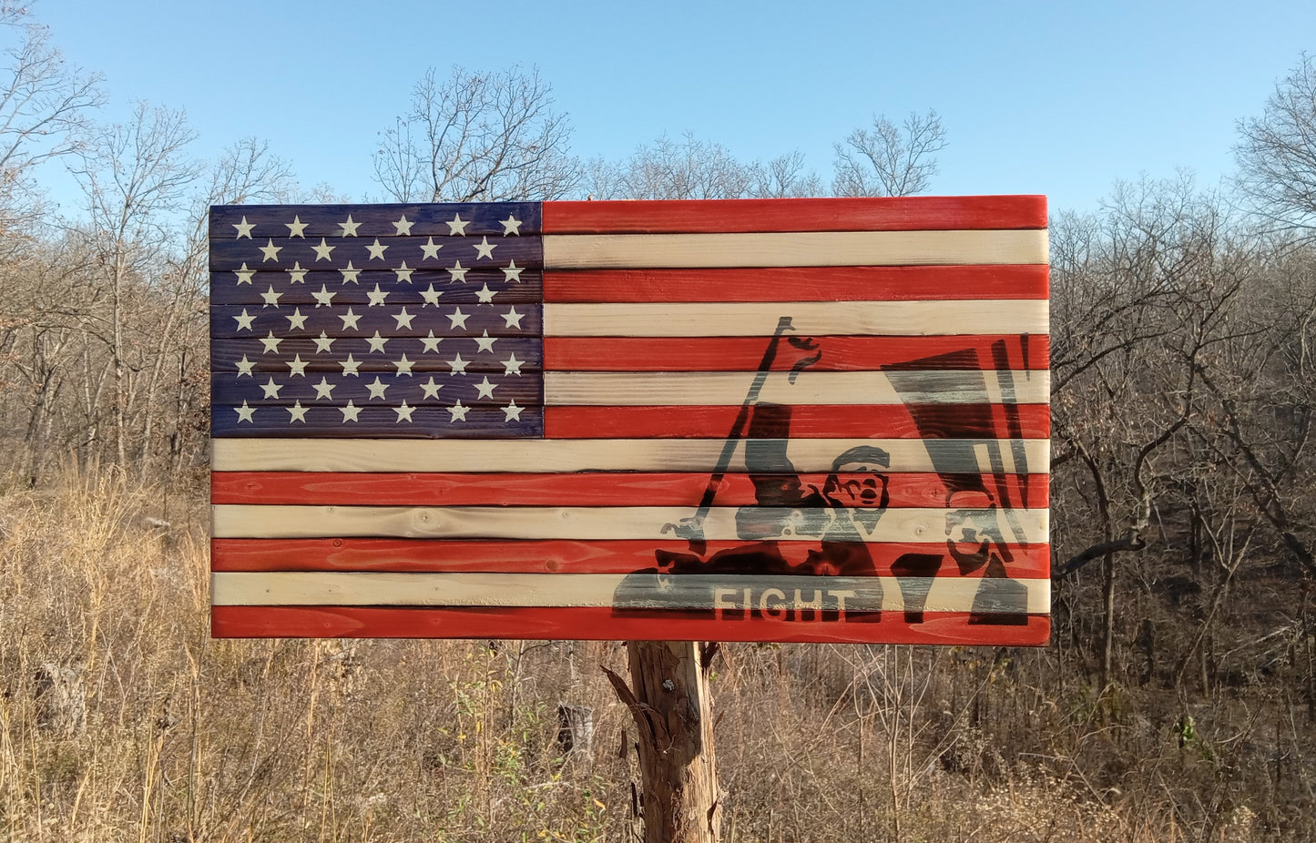 "Trump Fight" Burn - Wooden American Flag 21" x 11"