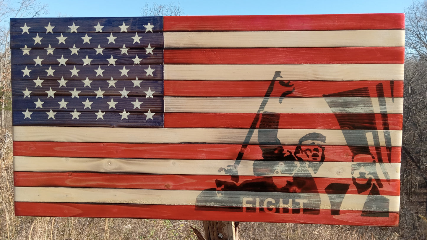 "Trump Fight" Burn - Wooden American Flag 21" x 11"