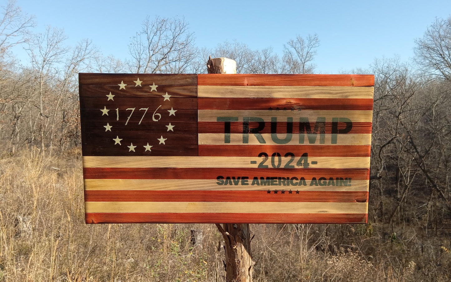 "Trump 2024 - Save America Again" Burn - Wooden American Flag 21" x 11"