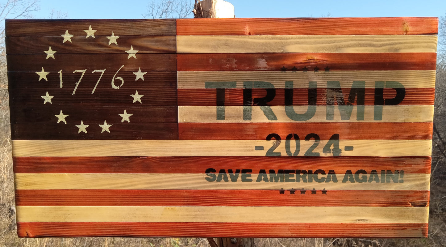 "Trump 2024 - Save America Again" Burn - Wooden American Flag 21" x 11"