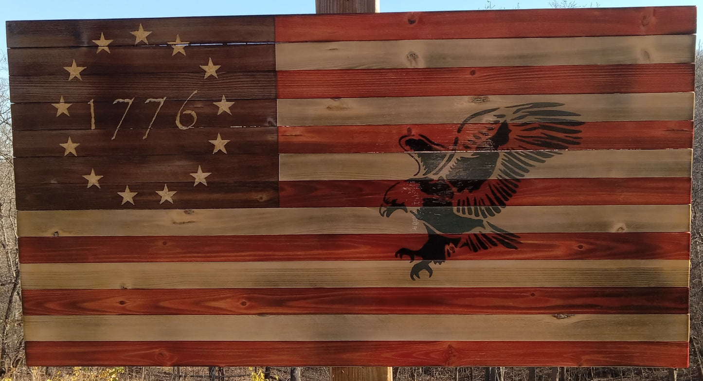 "Eagle Hunting" Burn Hand Carved Union- Wooden American Flag 37"x20"