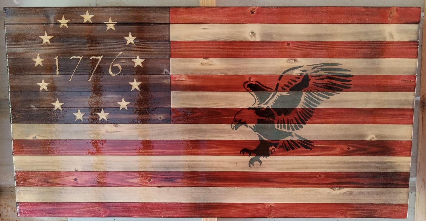 "Eagle Hunting" Burn Hand Carved Union- Wooden American Flag 37"x20"