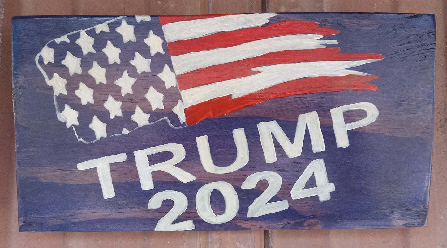 Trump 2024 & Flag - 3 Color Plywood Sign 7" x 14"