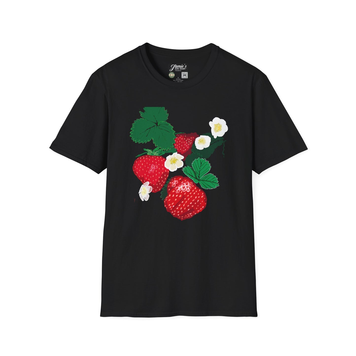 "Strawberry" Jamie's Hand-Drawn Fruity Vibes T-Shirt, Strawberry Design, Unisex Summer Tee, Cute Casual Shirt, Nature Lover Gift, Eco-Friendly Fashion