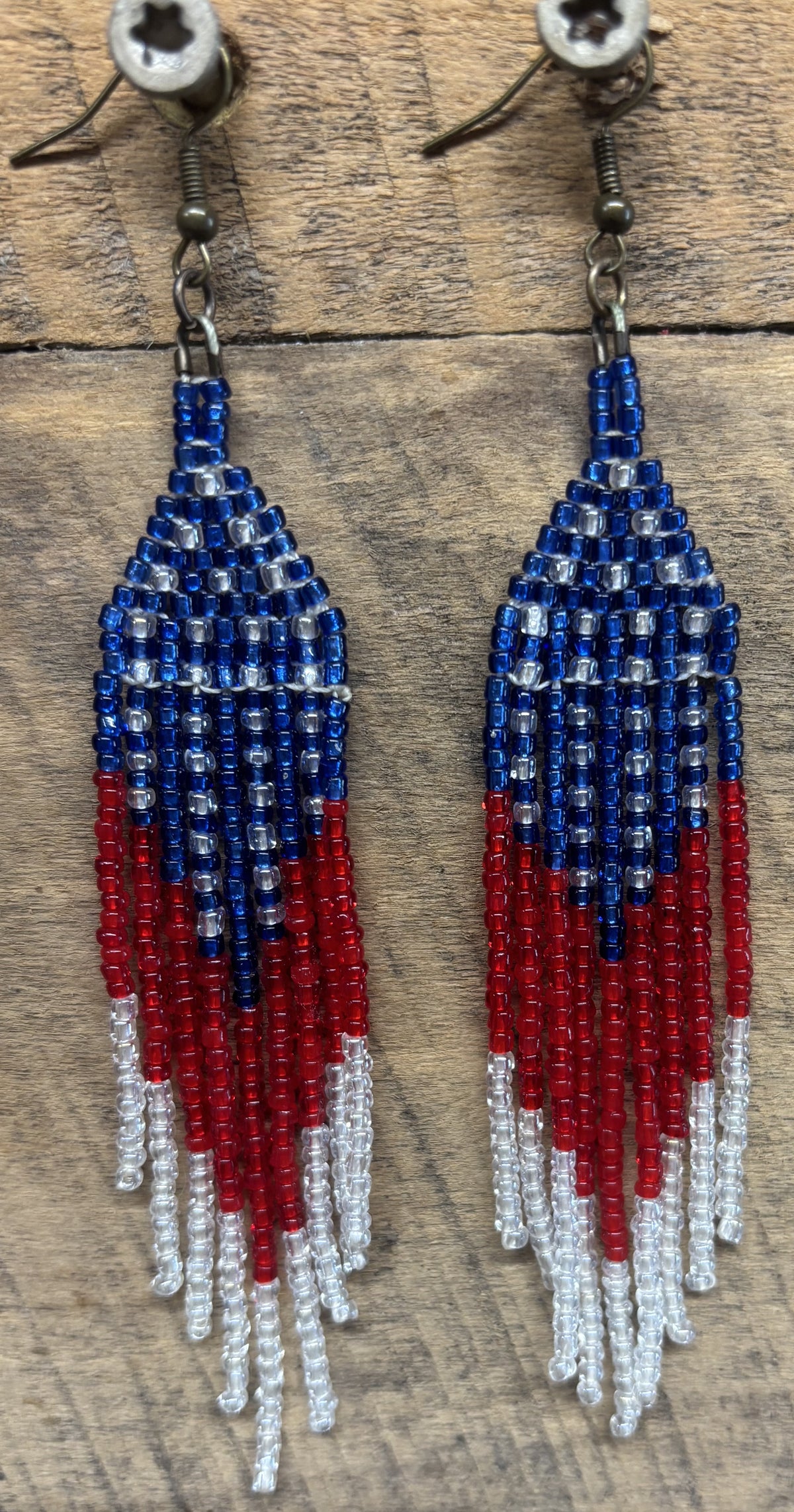 Handmade Patriotic Seed Bead Earrings by Jamie – American Flag Inspired Fringe
