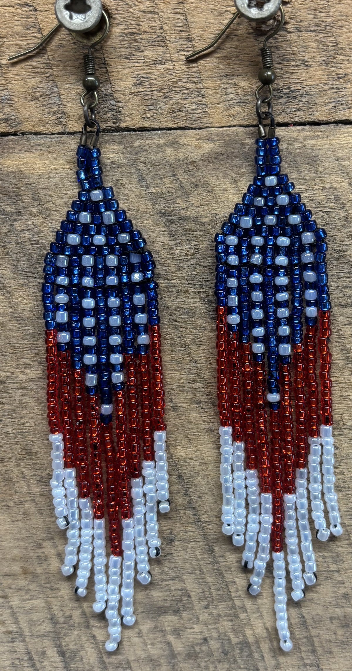 Handmade American Flag Inspired Seed Bead Fringe Earrings by Jamie – Red, White & Blue