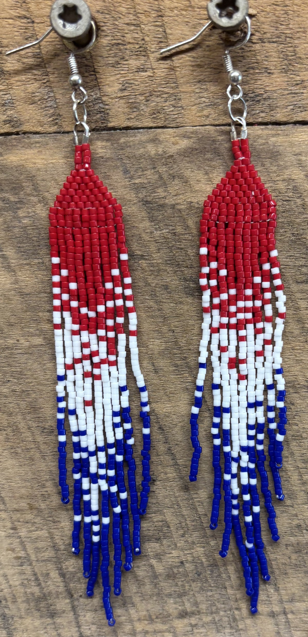 Handmade Red, White & Blue Seed Bead Fringe Earrings by Jamie – Patriotic Dangle Earrings