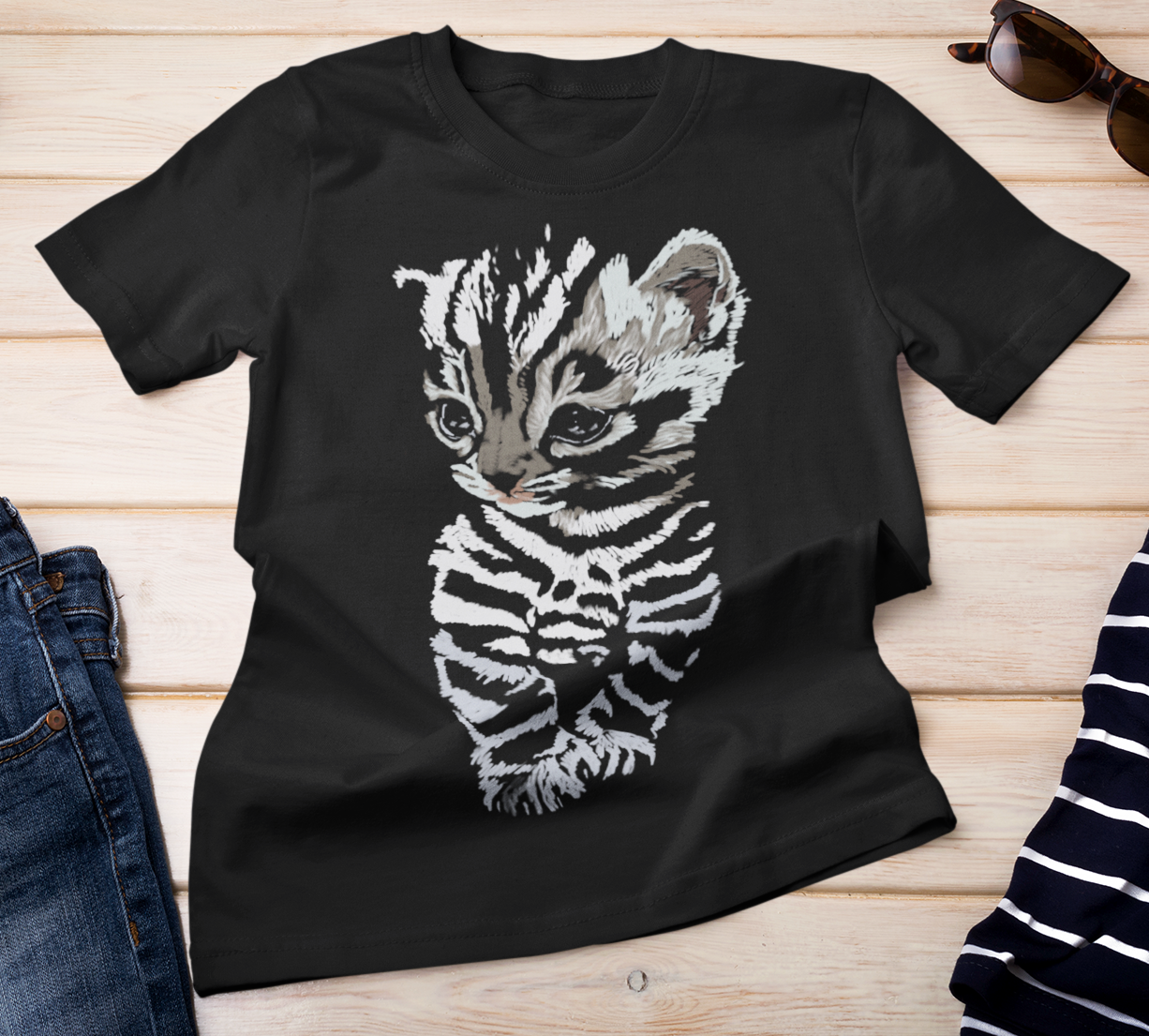 "Striped Kitten" from Jamie's Hand-Drawn Cat Collection Unisex Soft-style T-Shirt