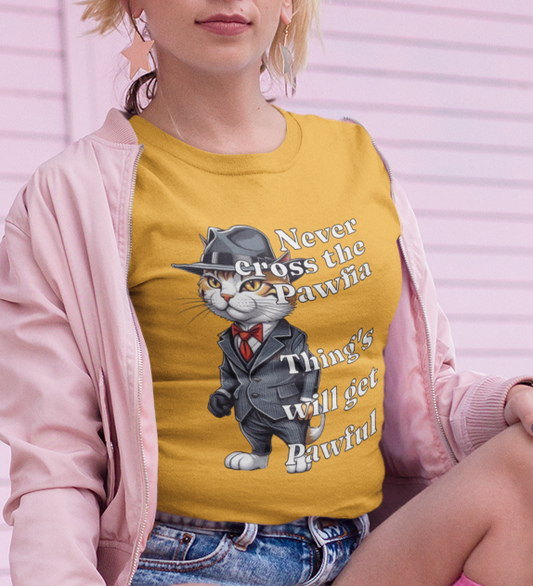 Cat Mobster T-Shirt - Don't Cross the Pawfia - Funny and Cute Cartoon Design