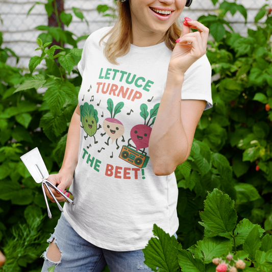 "Lettuce Turnip the Beet" Unisex Funny Gardening T-Shirt – Cute Vegetable Pun Shirt for Gardeners & Music Lovers