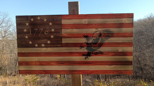 "Eagle Hunting" Burn Hand Carved Union- Wooden American Flag 37"x20"