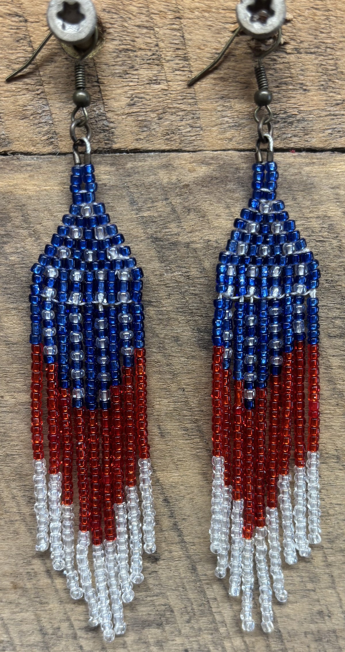 Handmade American Flag Seed Bead Fringe Earrings by Jamie – Red, White & Blue