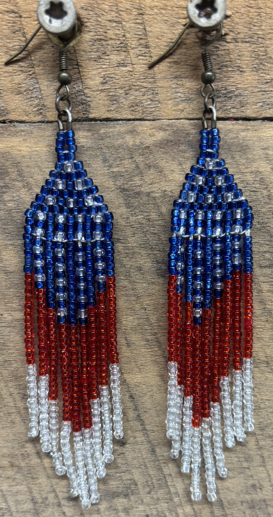 Handmade American Flag Seed Bead Fringe Earrings by Jamie – Red, White & Blue