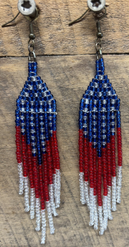 Handmade Patriotic Seed Bead Earrings by Jamie – American Flag Inspired Fringe