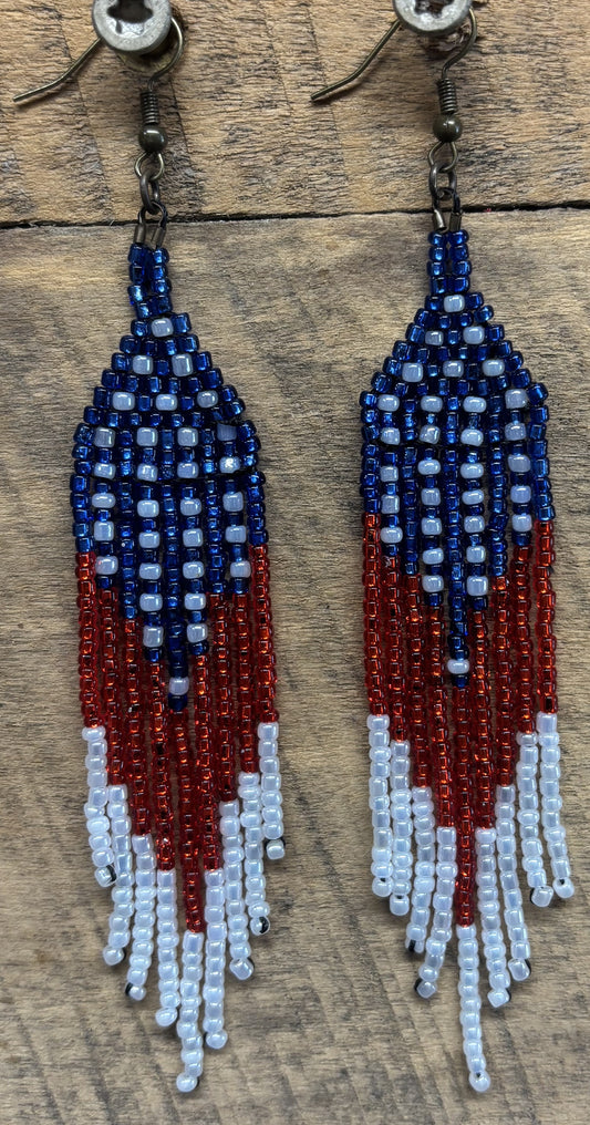 Handmade American Flag Inspired Seed Bead Fringe Earrings by Jamie – Red, White & Blue