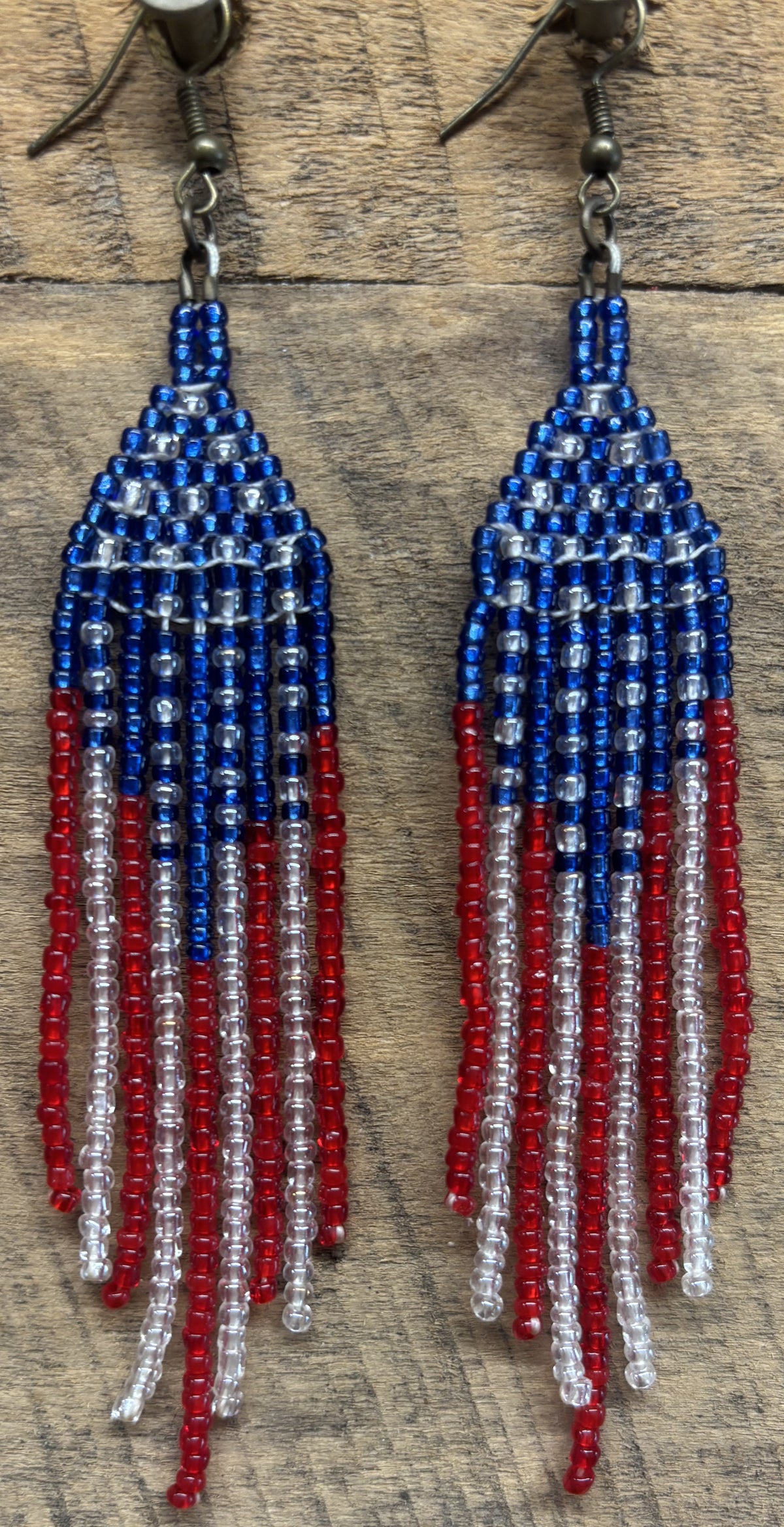 Handmade American Flag Seed Bead Earrings by Jamie – Patriotic Striped Fringe