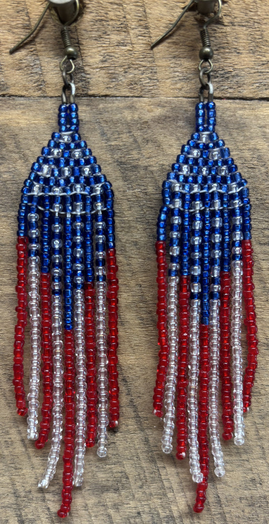 Handmade American Flag Seed Bead Earrings by Jamie – Patriotic Striped Fringe