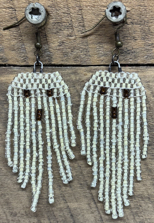 Handmade Halloween Ghost Earrings – White Seed Bead Fringe Dangles