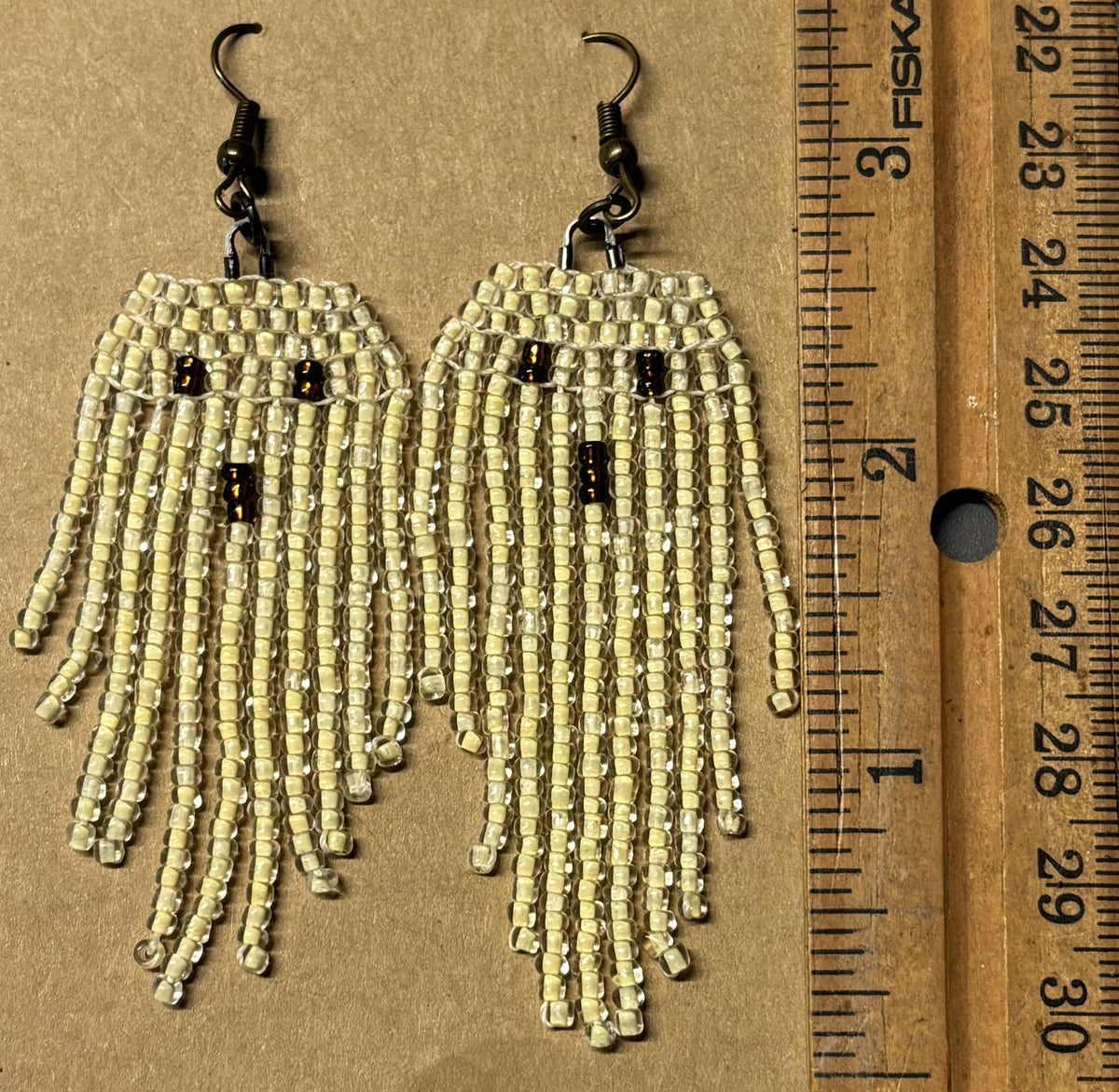 Handmade Halloween Ghost Earrings – White Seed Bead Fringe Dangles