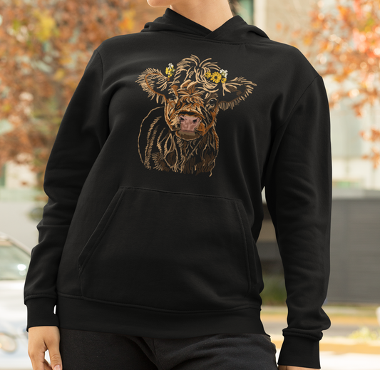 "Baby Highland Cow" from Jamie's Hand-Drawn Cow Collection Unisex Hoodie
