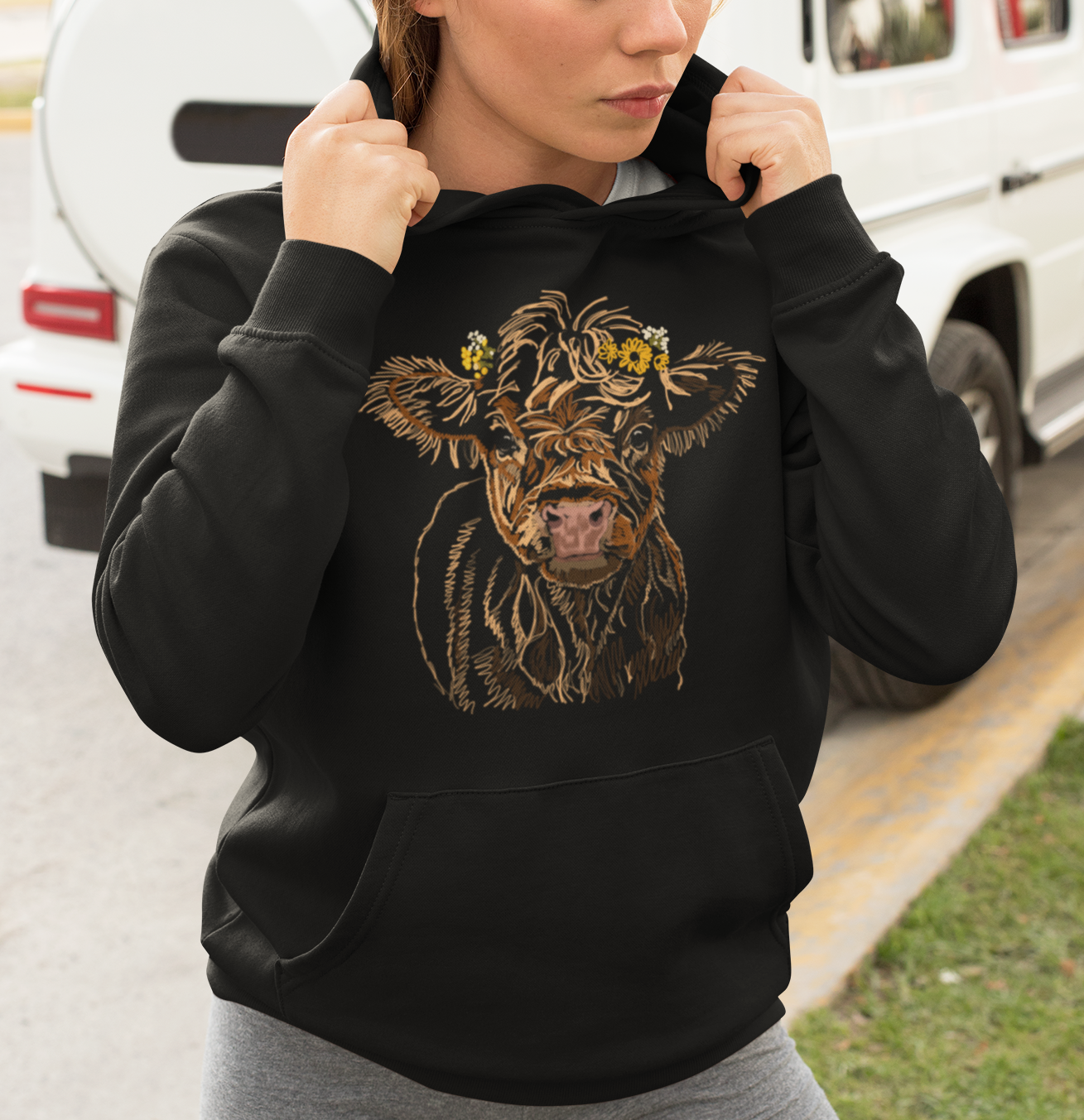 "Baby Highland Cow" from Jamie's Hand-Drawn Cow Collection Unisex Hoodie